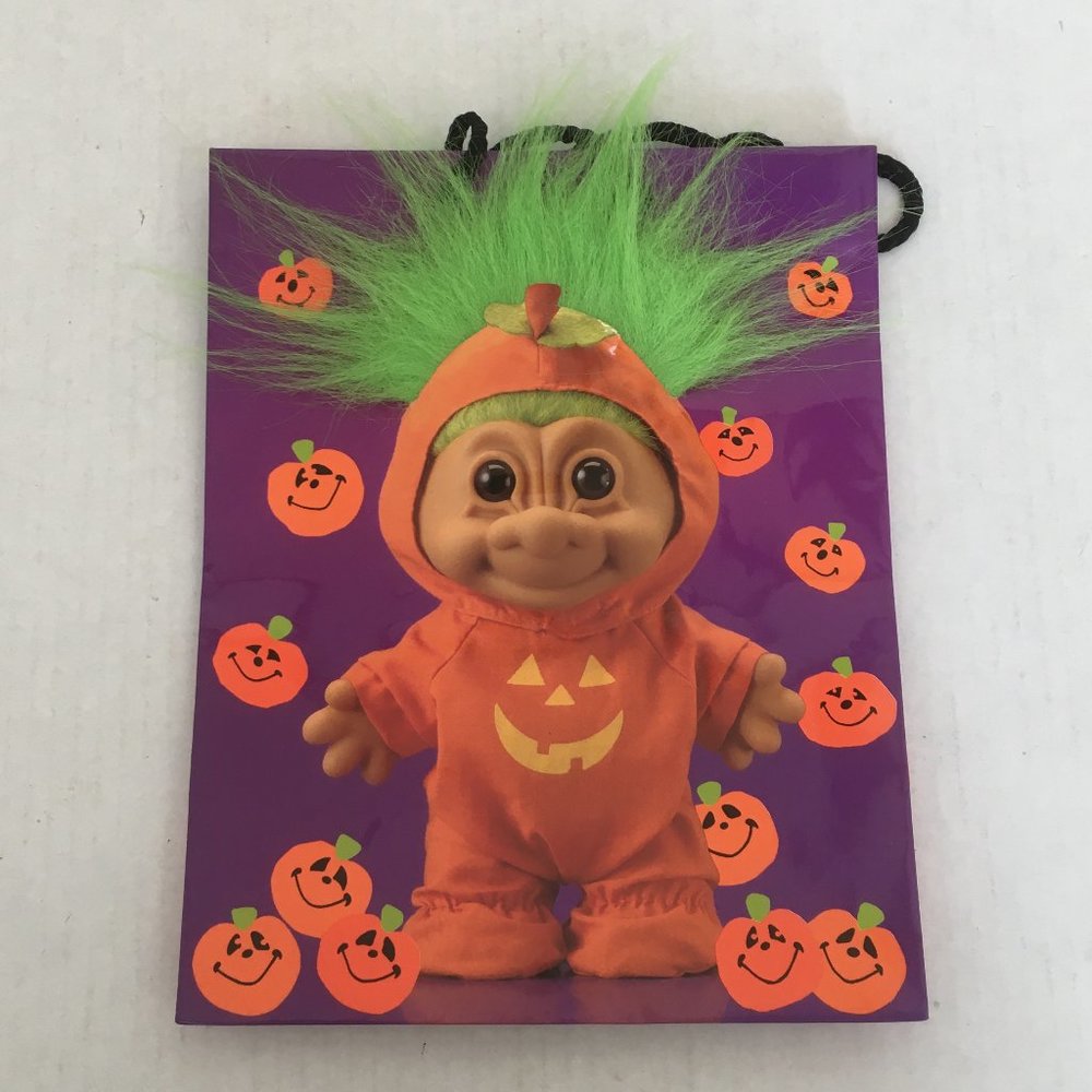 Trick or troll treats Halloween bag gift bag troll in pumpkin outfit green hair